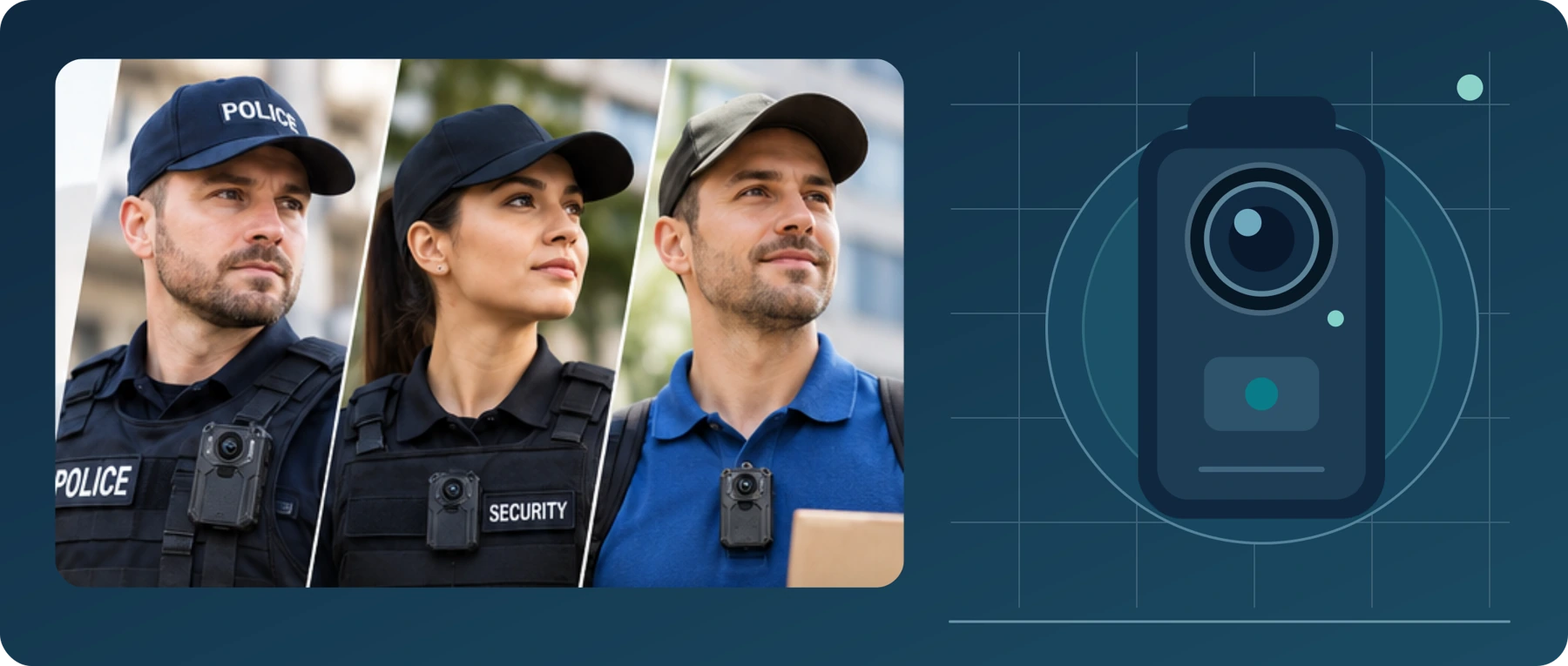 Conceptual cover illustration: people wearing generic body cameras and a stylized device. It is not product photography or a model-specific specification.