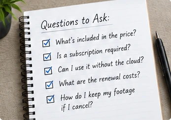 AI-generated notebook concept showing questions to ask before buying. Not a supplier quote.