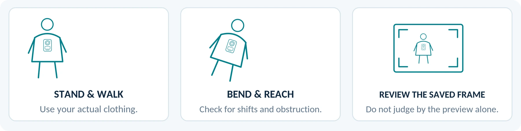 Suggested wearing trial. Test either device with the actual clothing, mount and movement.