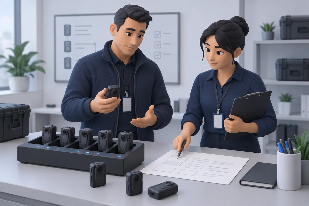 Two fictional team staff planning a generic body-camera return station.