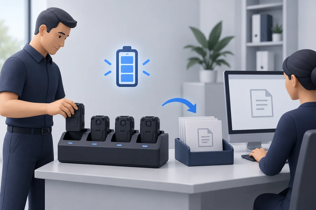 Conceptual charging equipment and a separate file-receiving workstation.
