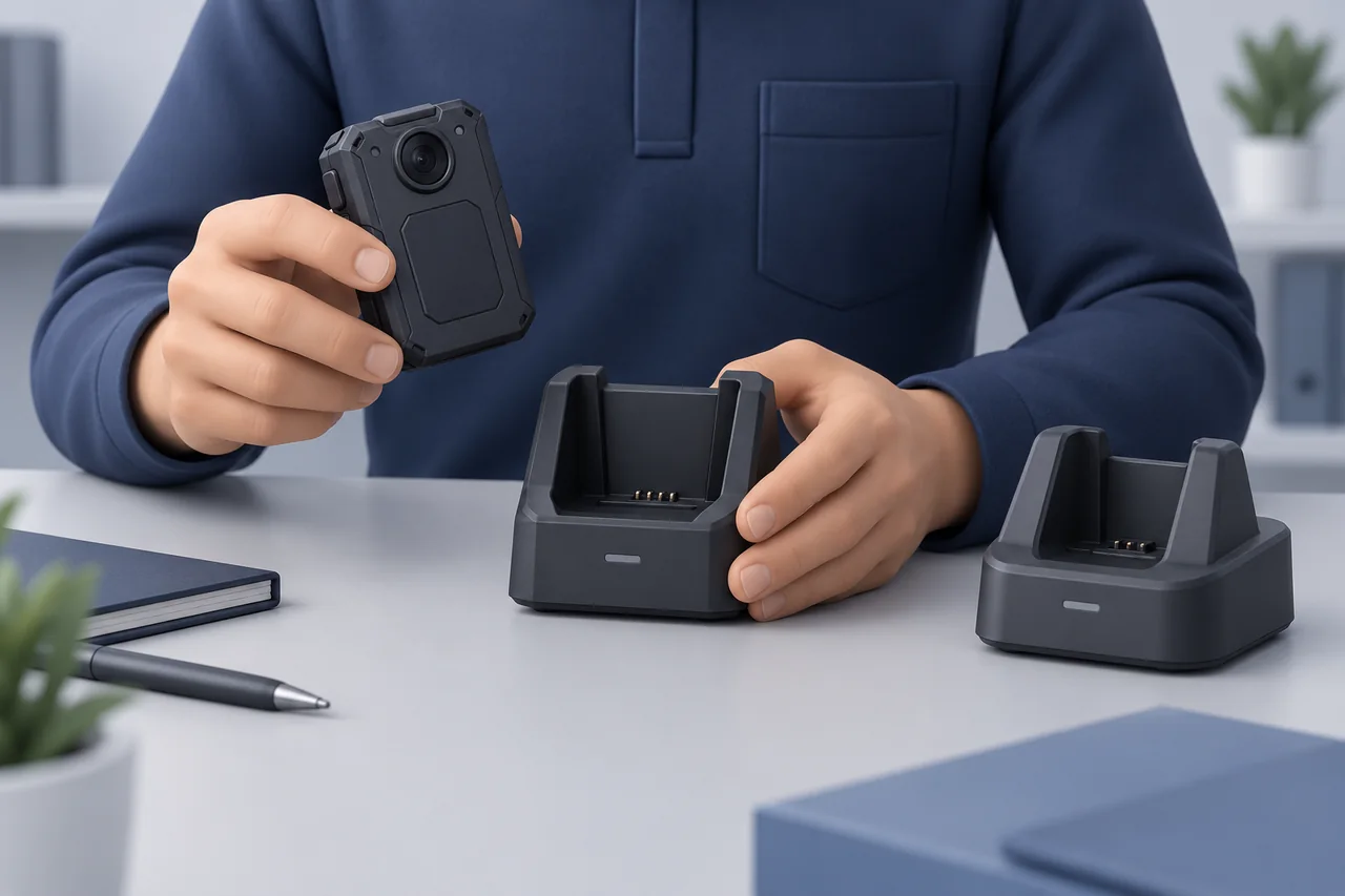 Hands comparing a generic camera base with a matching cradle.
