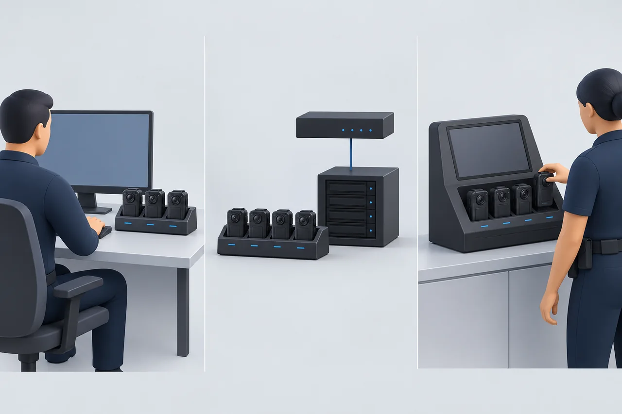 Three conceptual docking configurations with external, networked and integrated components.