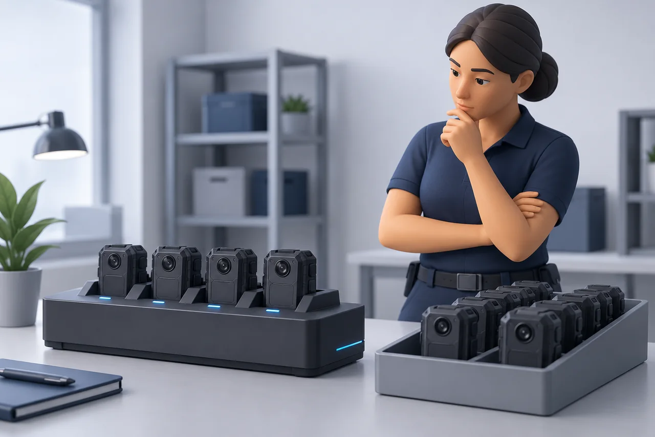 Some generic cameras are docked while others wait in a separate return tray.