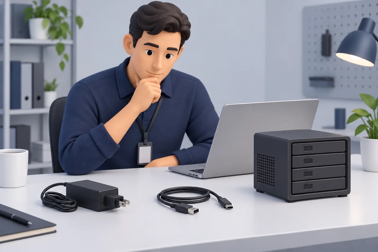 An IT staff member reviewing power, a data connection and receiving storage.