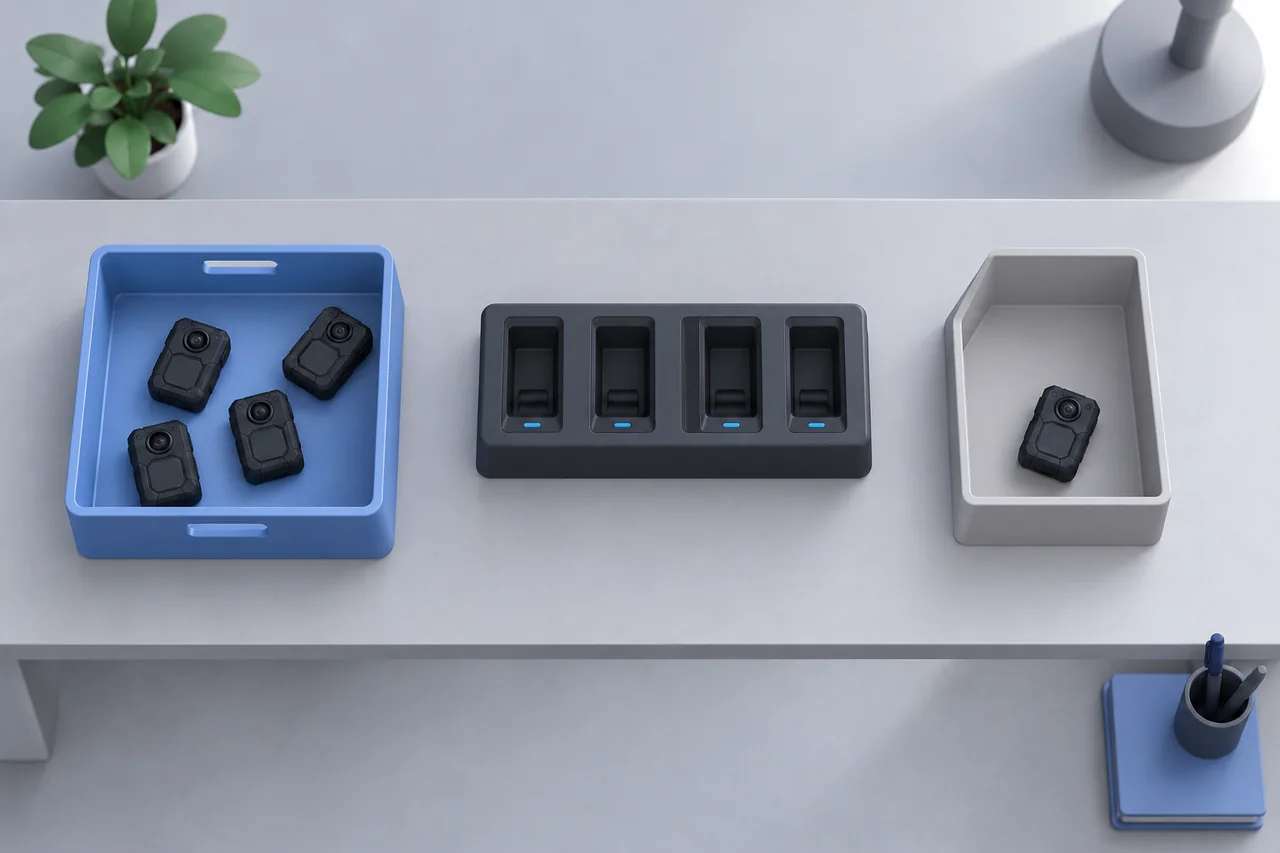 A return desk with separate incoming, docking and exception areas.
