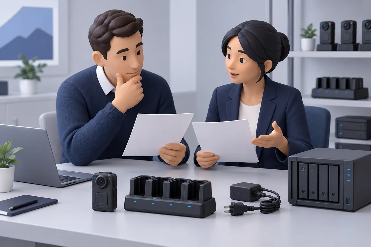 Two fictional buyers comparing blank configuration quotation sheets.