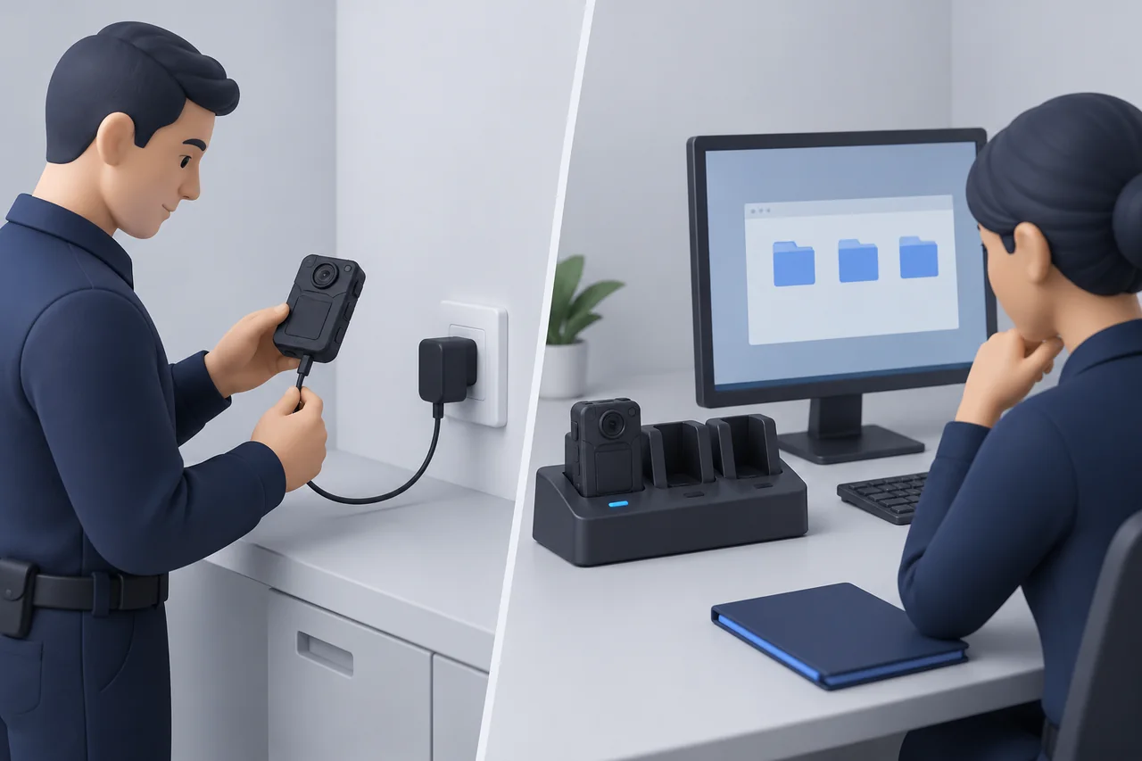 A power-only charging concept beside a separate docking and file-receiving concept.