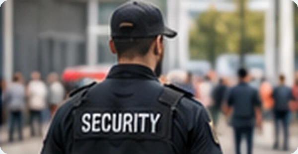 AI-generated contextual illustration of a security worker at a public entrance; no real deployment is claimed.