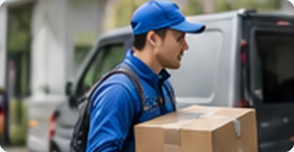 AI-generated delivery worker carrying a parcel near a vehicle; not a customer endorsement.