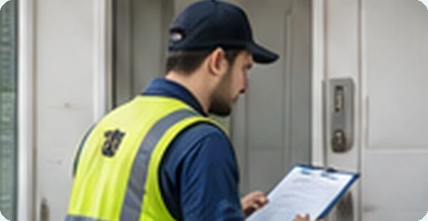 AI-generated field worker reviewing a work order near an entrance; conceptual service scene.