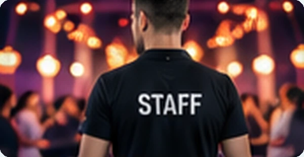 AI-generated event staff member in a venue; no real deployment is claimed.