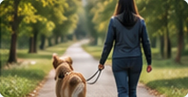 AI-generated pedestrian walking a dog; no safety outcome is implied.