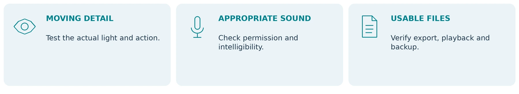 Three separate acceptance checks: moving detail, appropriate sound and usable saved files.