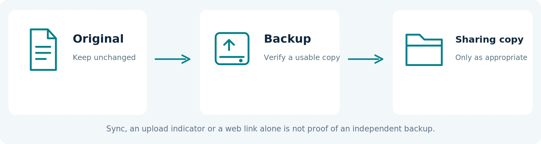 Handling relevant footage: original, verified backup and a separate sharing copy where appropriate. No automatic cloud behavior is implied.