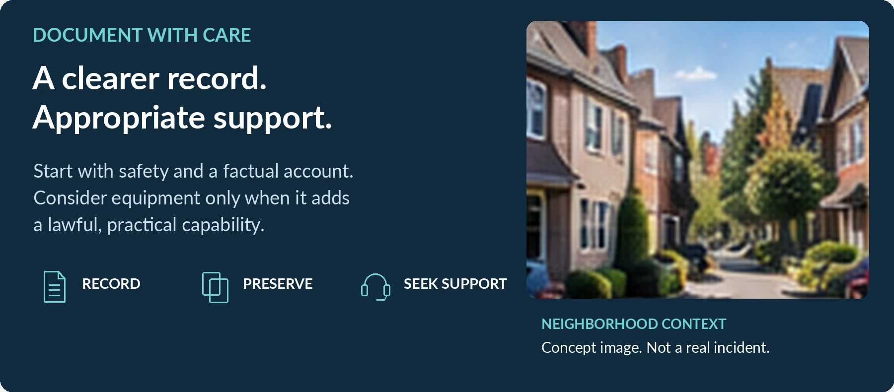 Concept illustration using previously AI-created neighborhood imagery. Not a real incident, victim, device demonstration, or legal determination.