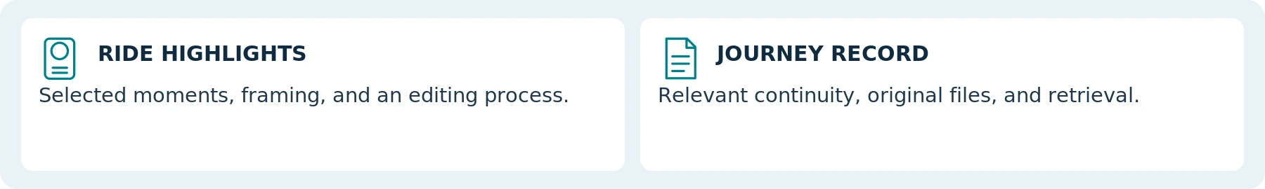 Two recording purposes to assess. These are planning choices, not a claim that every ride requires recording.