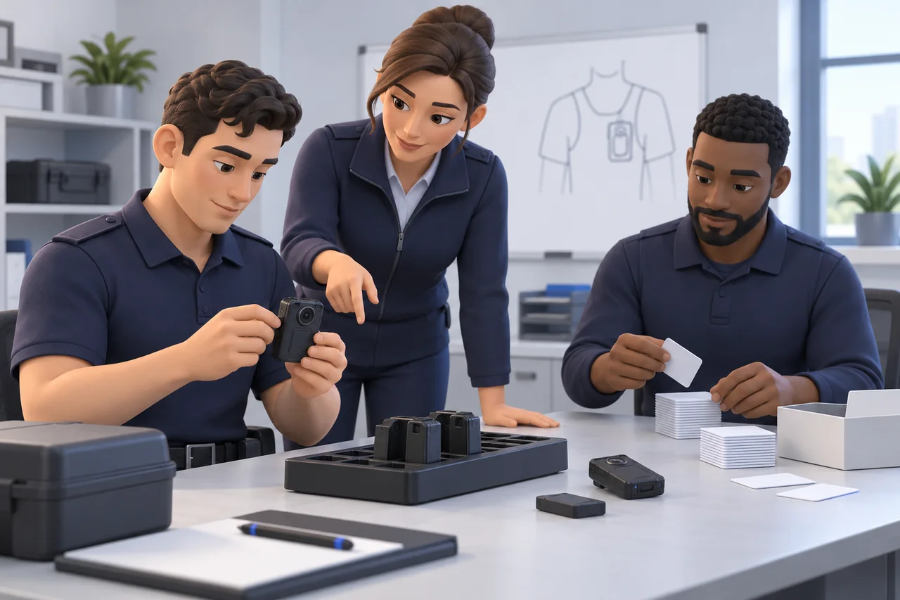 Three fictional security-team staff preparing a body-camera practice session.