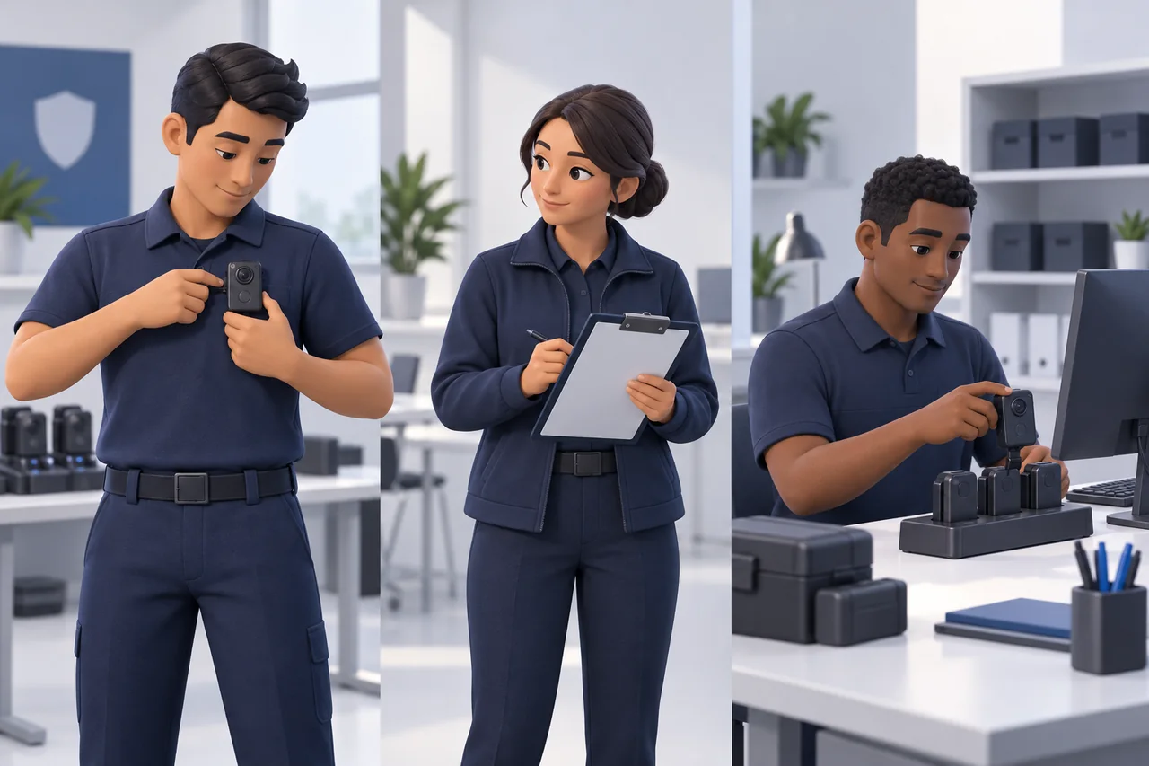 Illustrated roles of the camera user, training observer, and authorized file receiver.