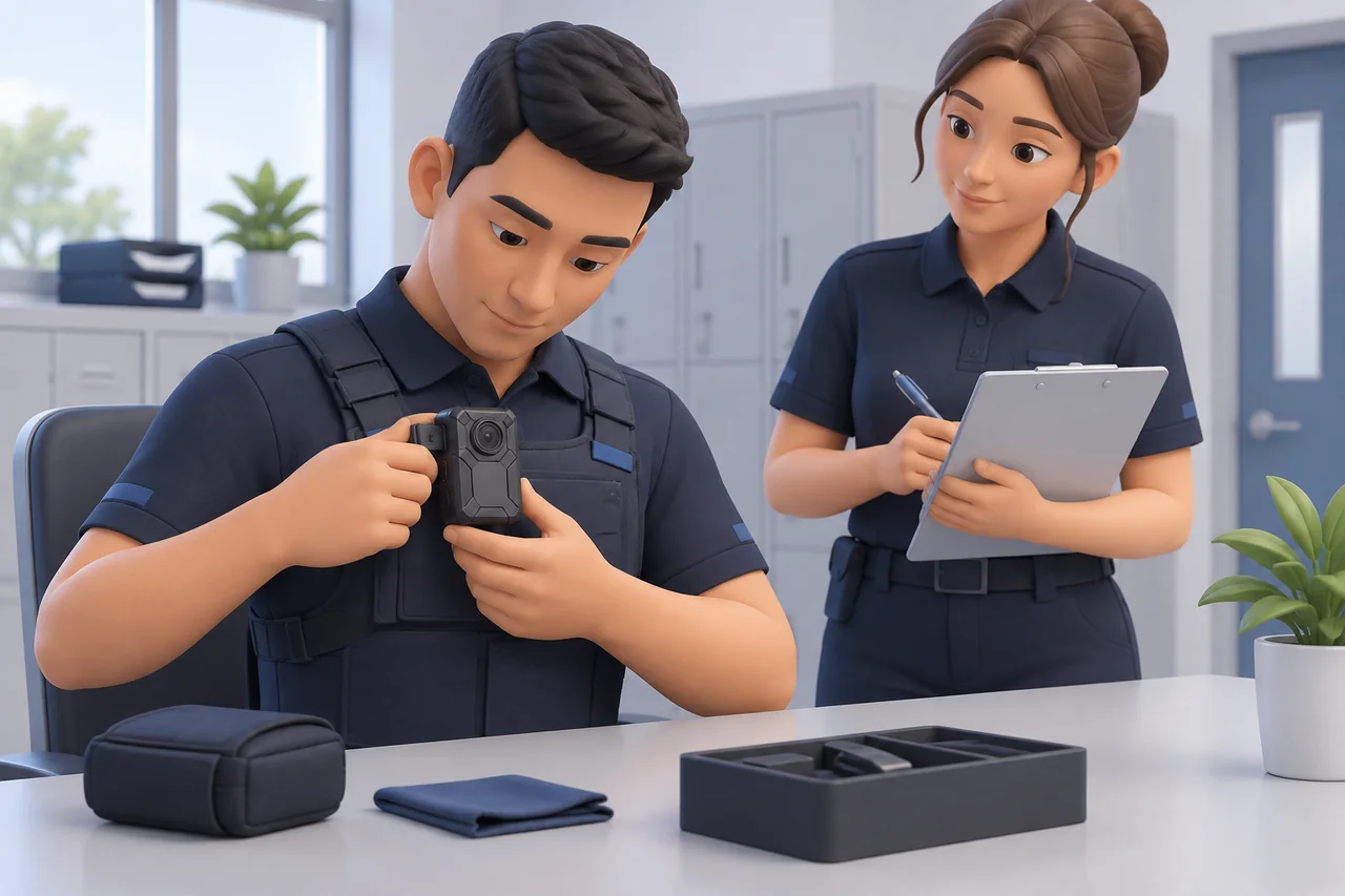 An employee demonstrating a body-camera equipment check to a supervisor.