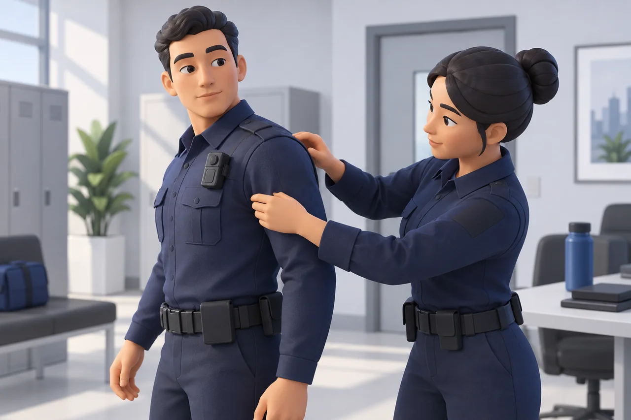 A colleague checking camera placement and possible uniform obstruction during a movement exercise.