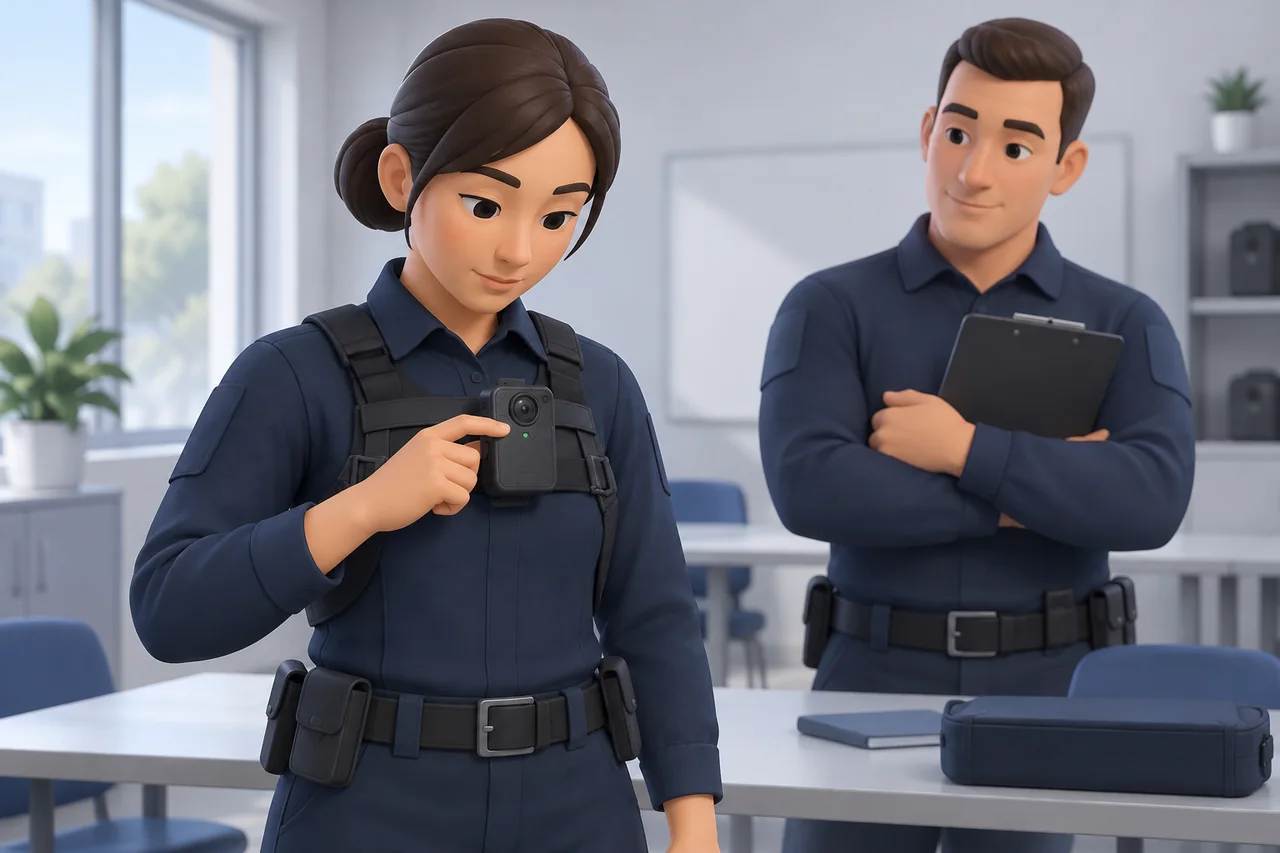 A staff member practicing camera operation while a supervisor observes status confirmation.
