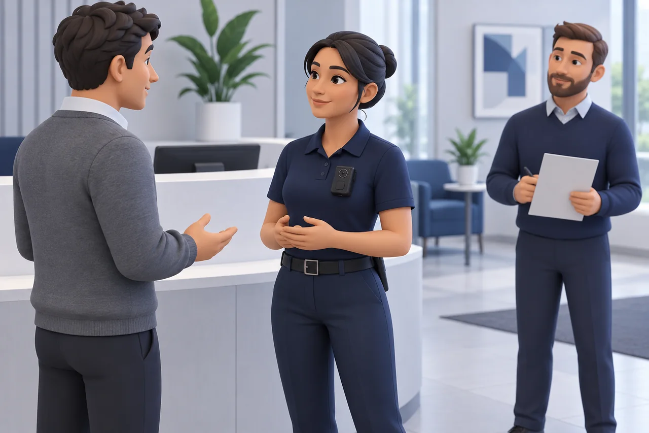 Colleagues rehearsing a routine visitor interaction with a training observer.