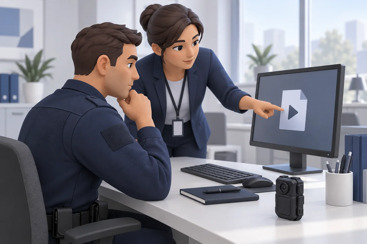 An employee and authorized receiver reviewing a mock video-file handover together.