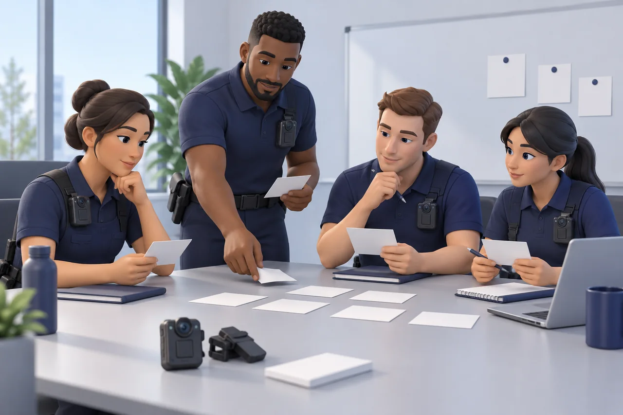 A team reviewing practice findings and assigning follow-up actions before a wider rollout.