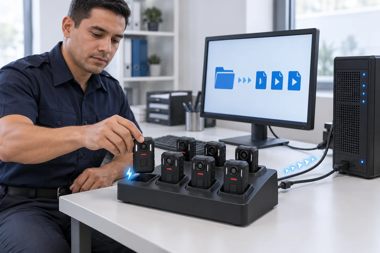 AI illustration of a docked body camera charging beside a computer and server for configured video backup.