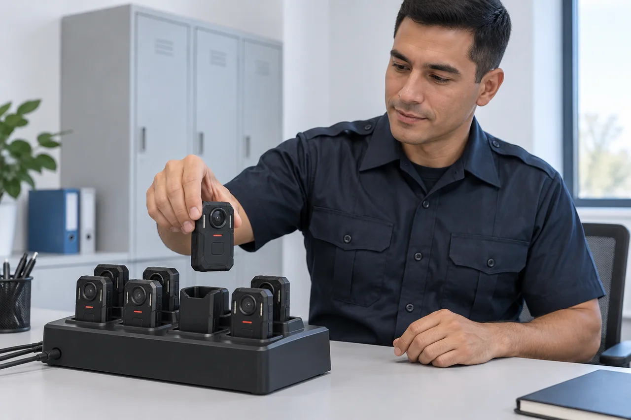 AI illustration of an officer taking a body camera from a docking station before a shift.