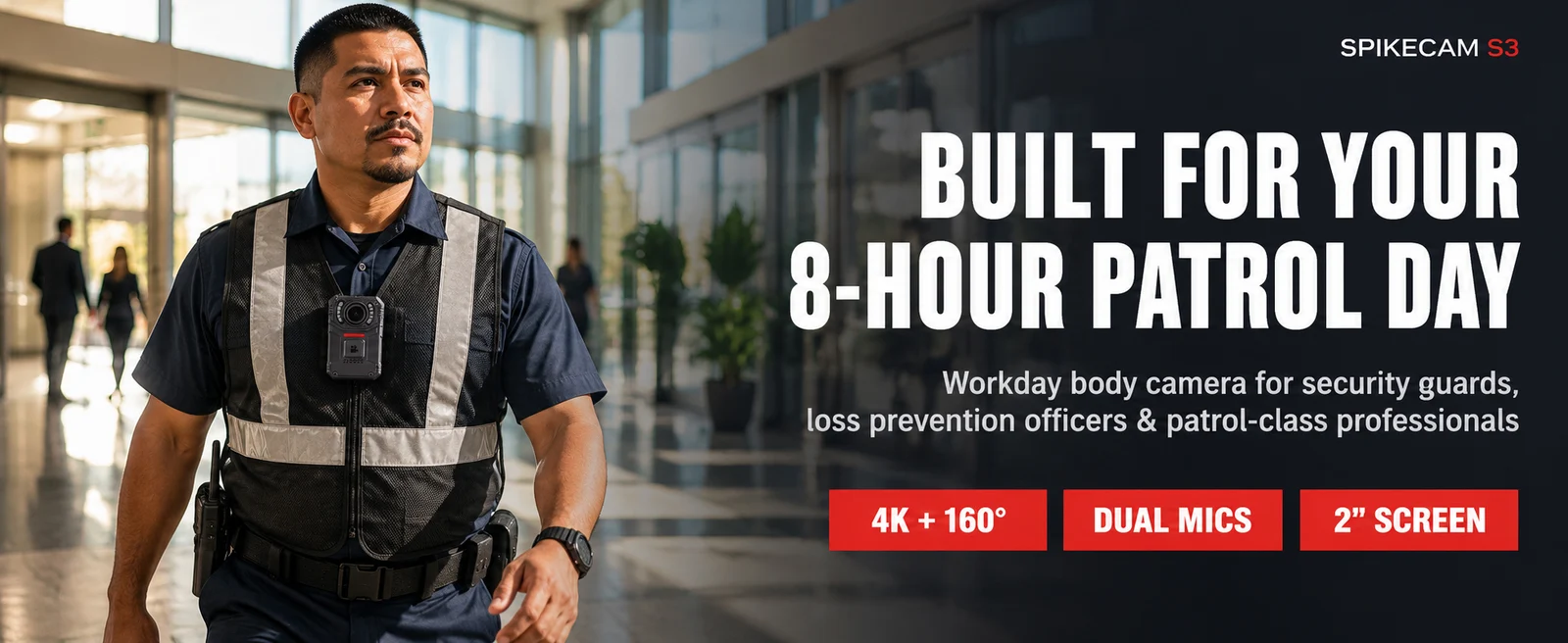 SPIKECAM S3 for a security patrol workday, with 4K recording, dual microphones and a 2-inch screen.