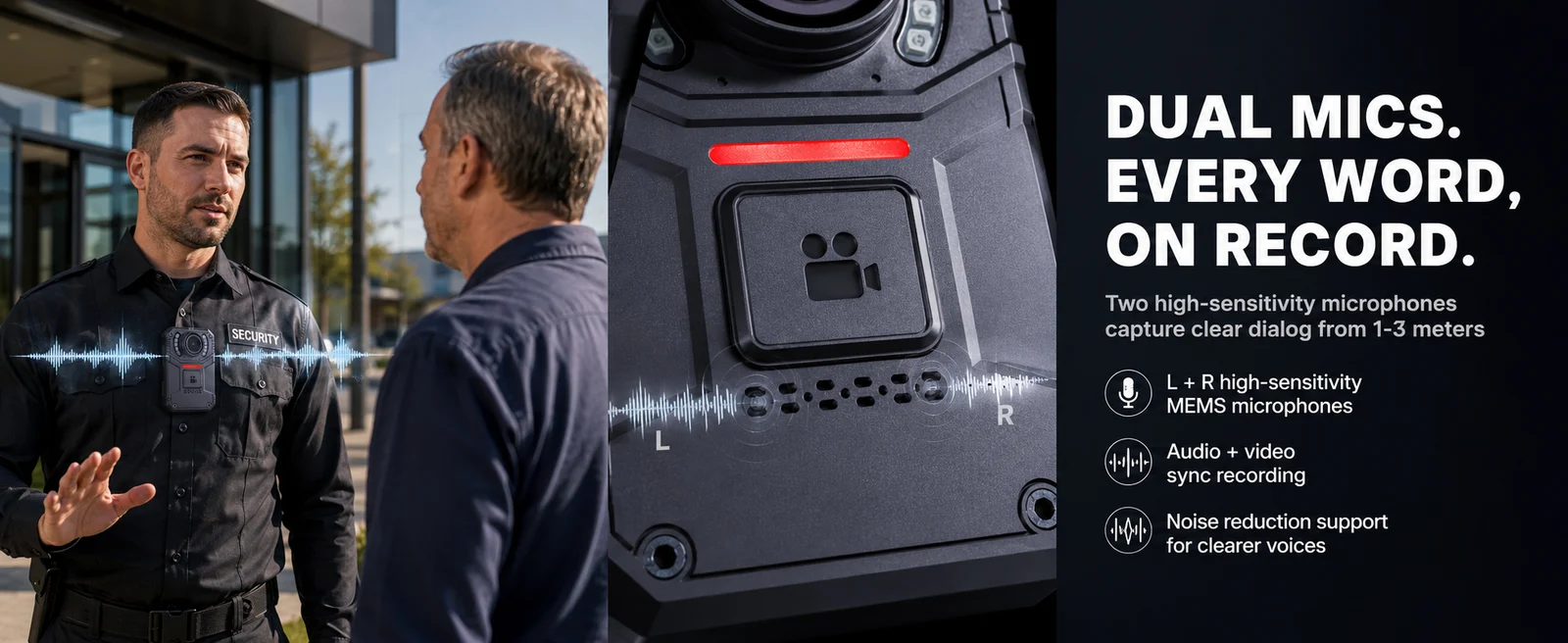SPIKECAM S3 dual MEMS microphones, synchronized audio and video, and noise reduction.