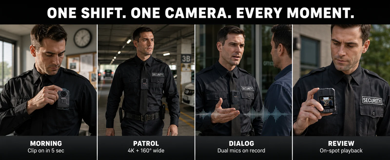 SPIKECAM S3 during a workday: attach, patrol, record a conversation and review footage.