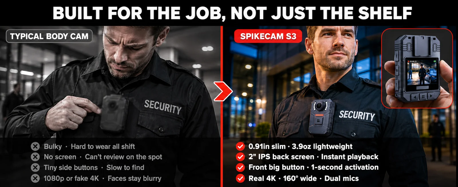 SPIKECAM S3 product comparison: slim body, playback screen and large front recording button.