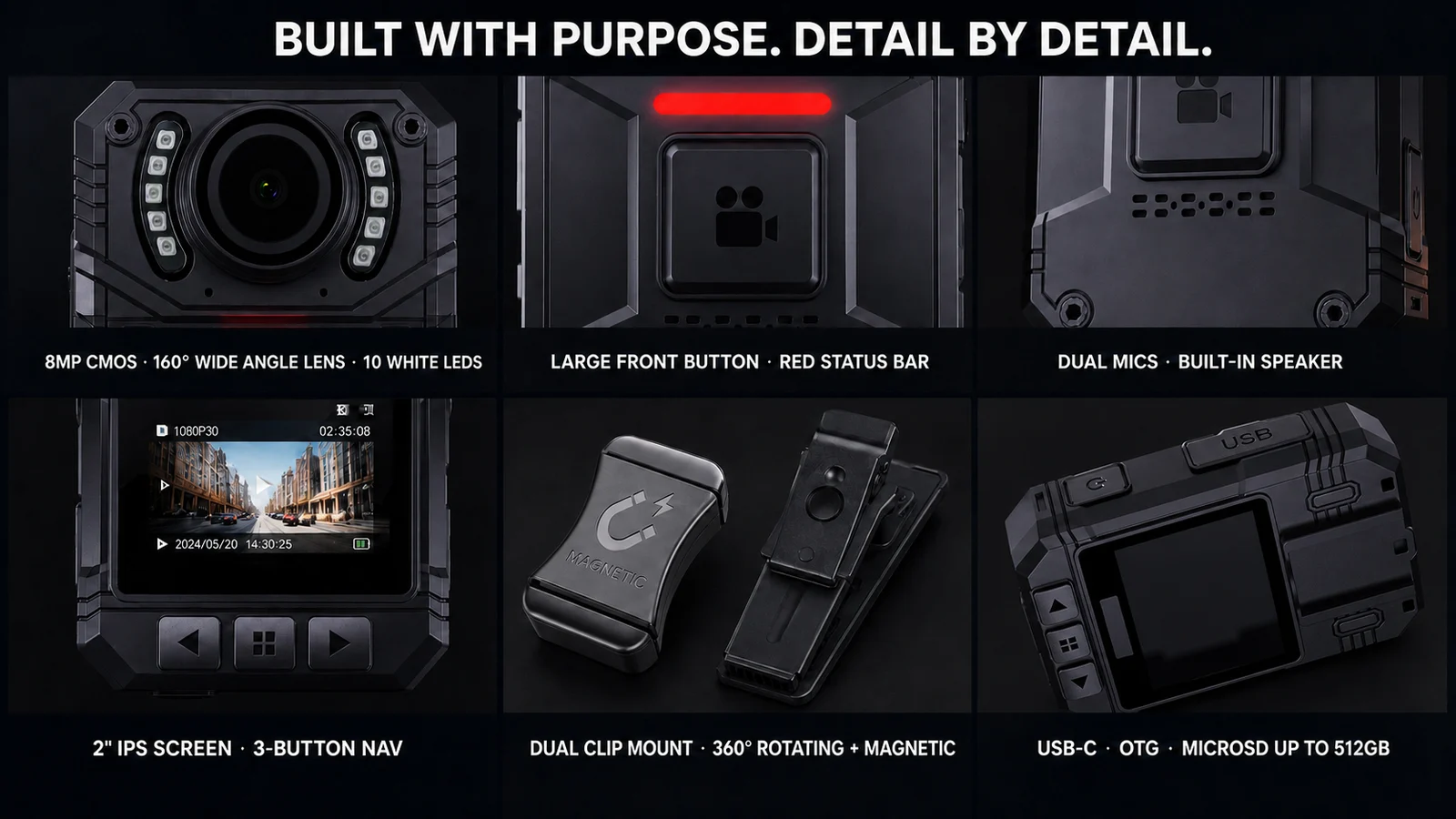 SPIKECAM S3 hardware details: lens, front button, microphones, screen, clips and USB-C connection.