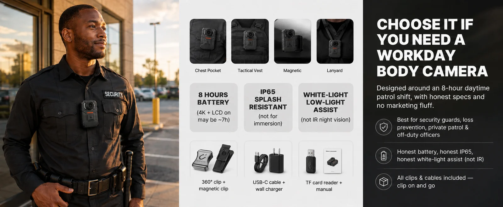 SPIKECAM S3 buying guide: wearing options, battery conditions, IP65 splash resistance and white-light illumination, not infrared.