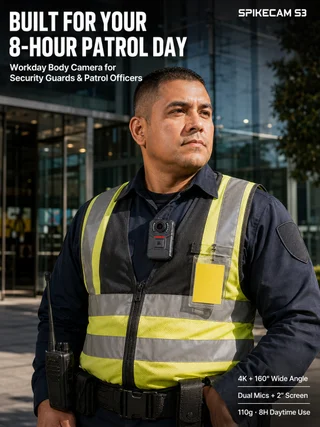 SPIKECAM S3 worn on a security patrol uniform.