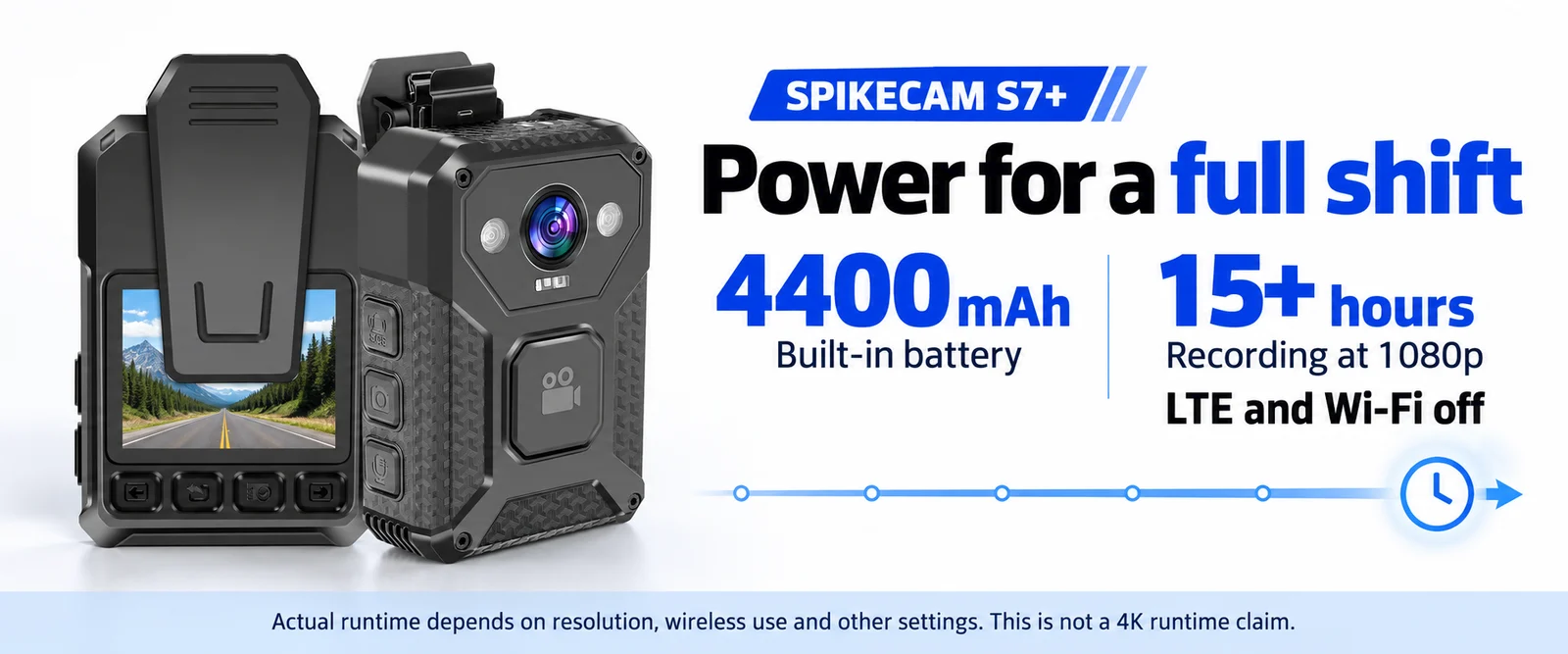 SPIKECAM S7+ built-in 4400 mAh battery; more than 15 hours at 1080p with LTE and Wi-Fi off, not a 4K runtime claim.