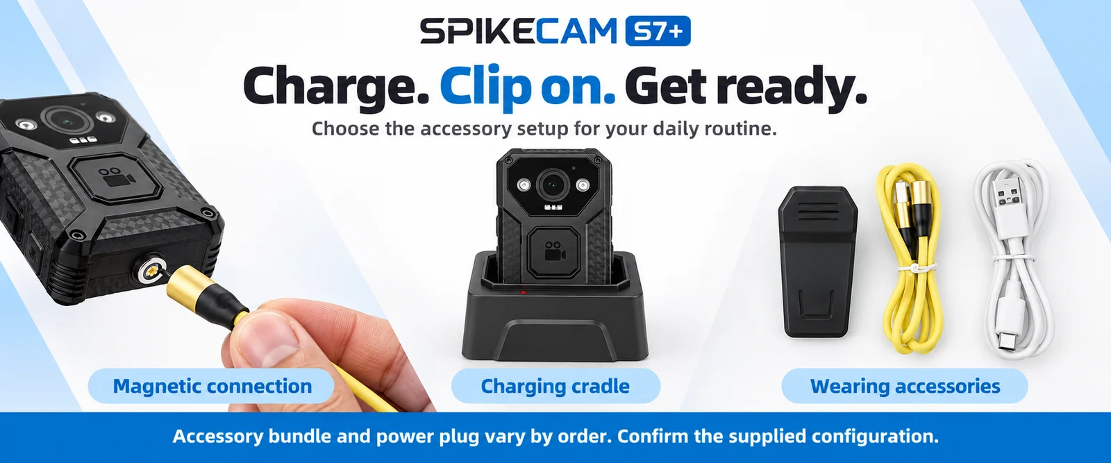 SPIKECAM S7+ magnetic connector, charging cradle and wearing accessories; supplied bundle varies by order.