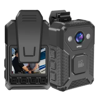 SPIKECAM S7+ front and rear views with the wearing clip and playback screen.