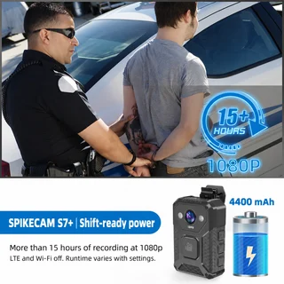 SPIKECAM S7+ records for more than 15 hours at 1080p with LTE and Wi-Fi off; runtime varies with settings.