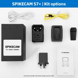 SPIKECAM S7+ camera, cradle, clip, cables, charger and manual; accessory bundle and power plug vary by order.